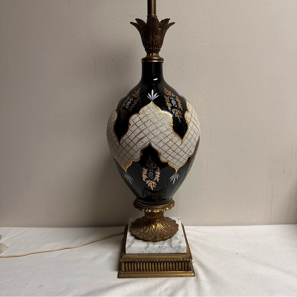 Hollywood Regency Tall Black Table Lamp Black Gold Ornate on Marble Base 36”H - Picture 2 of 8